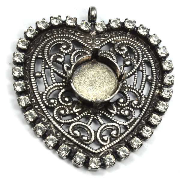 Vintage Heart pendant base with Rhinestones and 12mm Rivoli