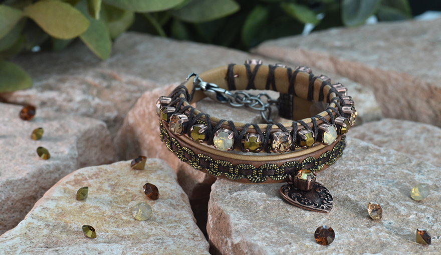 Earth tone leather bracelet with Swarovski crystals